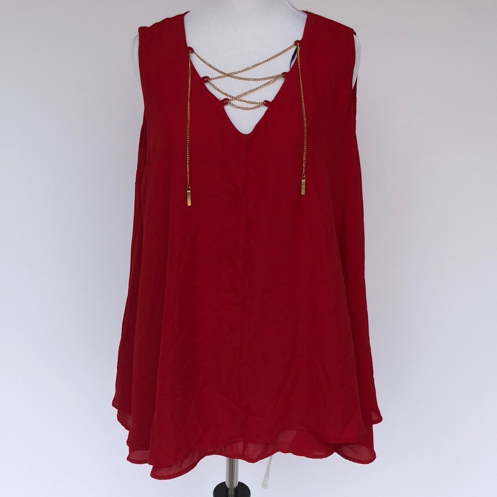 NY Collection Chiffon Top Gold Chain Lace Up